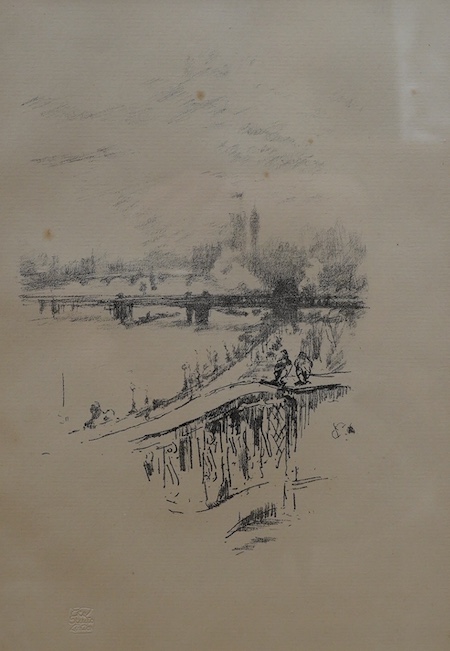 James McNeill Whistler (1834-1903), two lithographs, View of the Thames looking towards Westminster and drawn from the balcony of the Savoy Hotel and a study of a lady, largest 27 x 19cm. Condition - fair-good